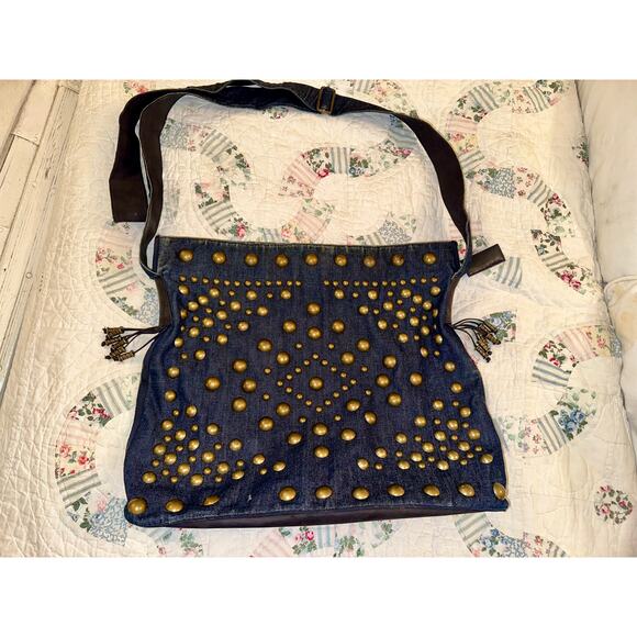 RARE VINTAGE 80's SUSAN BENNIS WARREN EDWARDS LARGE STUDDED DENIM BAG - Picture 1 of 11